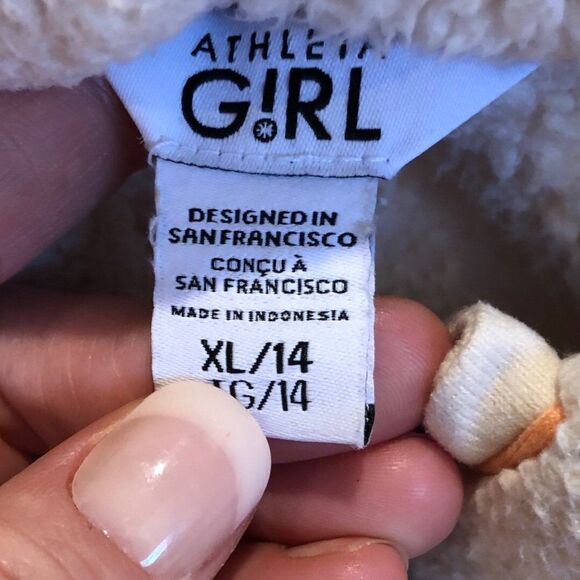 Athleta Girl XL 14 Sherpa Fleece Pullover Cream Blue Trim Thumbholes Quarter Zip - Picture 3 of 6